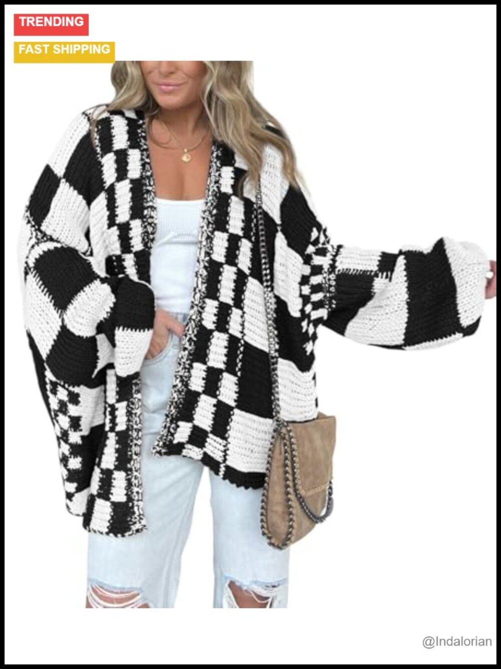 Women Chunky Knit Checkered Cardigan Open Front Long Sleeve